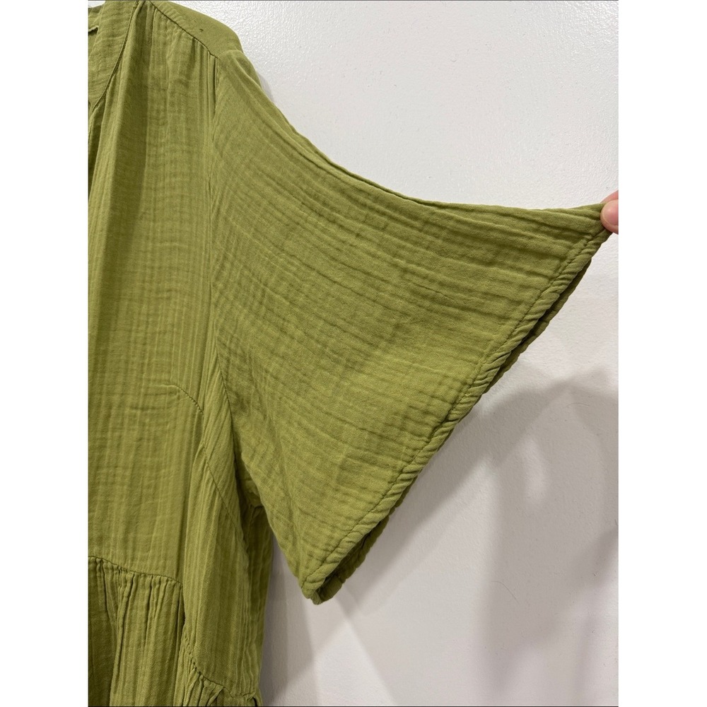 Anthropologie 2X Olive Green Cotton Gauze Tiered Midi Dress V Neck - Picture 2 of 9